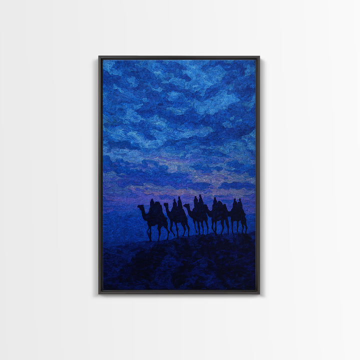Textured Blue Camel Caravan Wall Art, African Painting Print, Dramatic Desert Sky Decor, Modern Canvas For Office Living Room