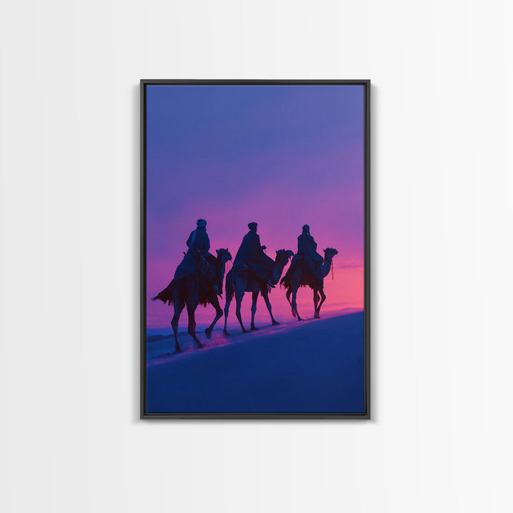 Purple Sunset Camel Riders Canvas Print, African Safari Wall Art, Boho Desert Landscape Decor, Dreamy Bedroom Gift For Her