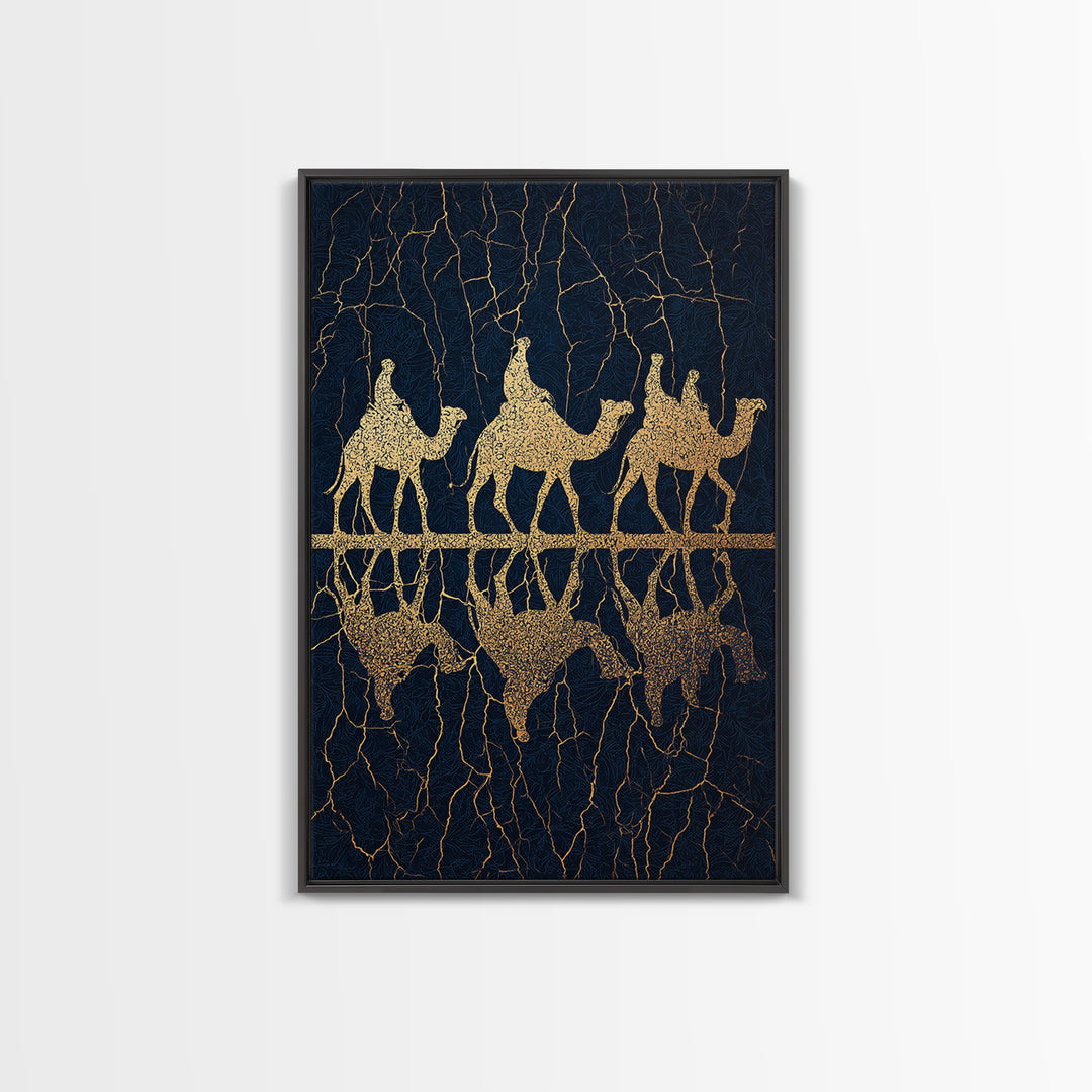 Gold Camel Trio Reflection Framed Canvas Print, African Safari Art, Black Gold Wall Decor, Luxury Desert Statement Piece