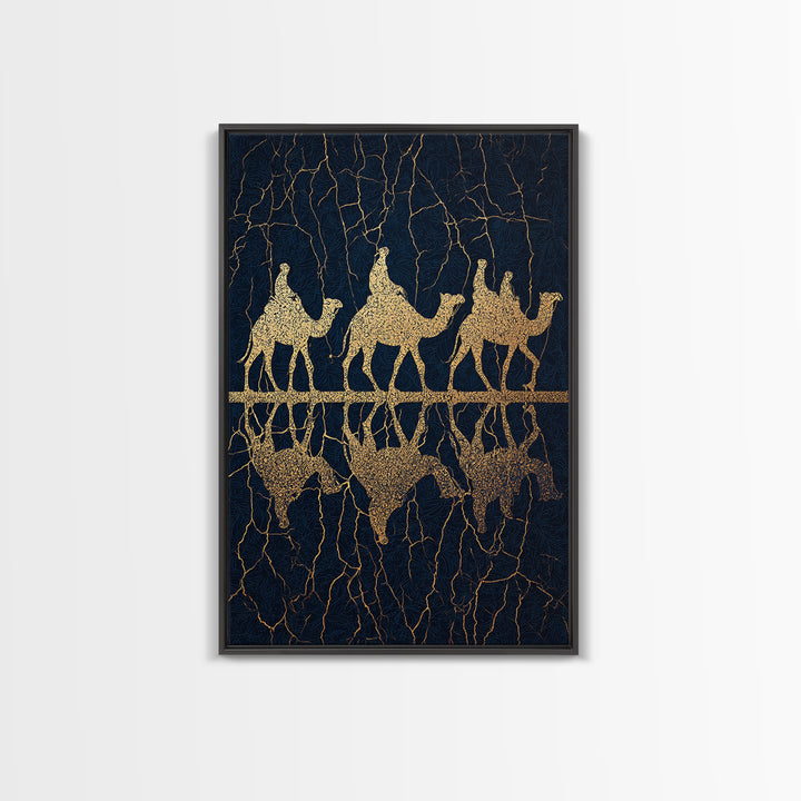 Gold Camel Trio Reflection Framed Canvas Print, African Safari Art, Black Gold Wall Decor, Luxury Desert Statement Piece