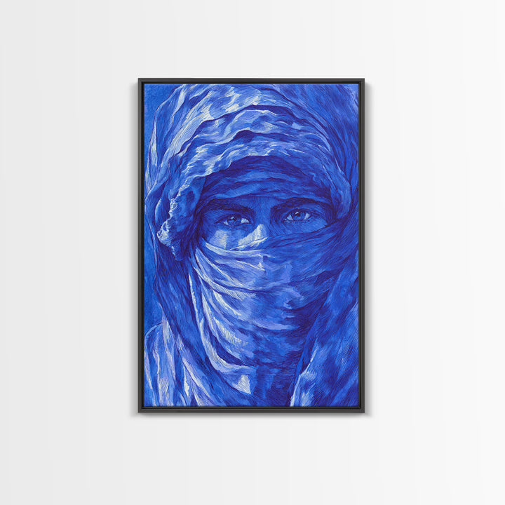 Blue Veiled Woman Portrait Canvas Print, African Woman Art, Sahara Travel Wall Decor, Elegant Cultural Home Decor Gift For Her