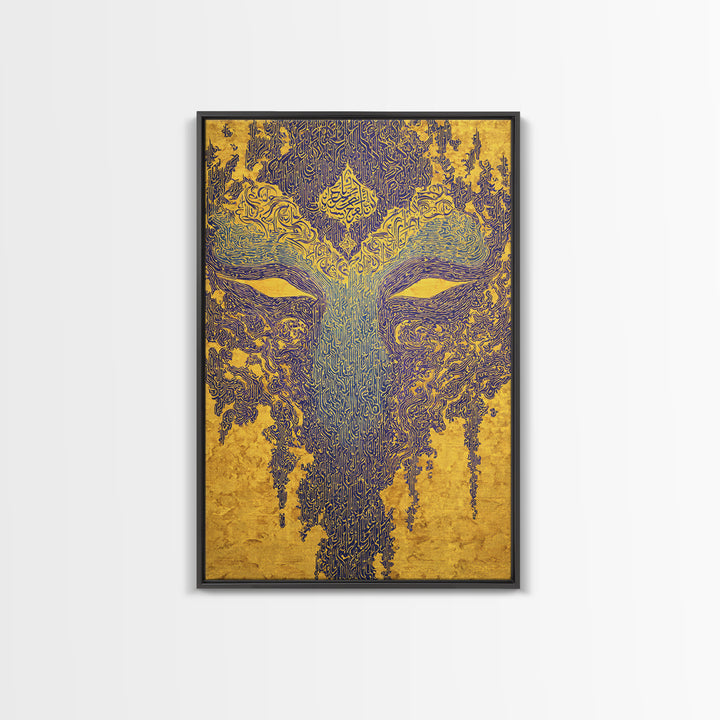 Ornate Blue Gold African Mask Wall Art, Abstract Tribal Art Print, Afrocentric Decor, Luxury Canvas Statement Piece For Home