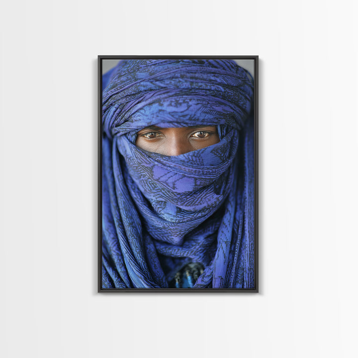 Indigo Tuareg Veiled Eyes Portrait Wall Art, African Wall Art, Blue Desert Nomad Decor, Afrocentric Canvas Print Gift For Home