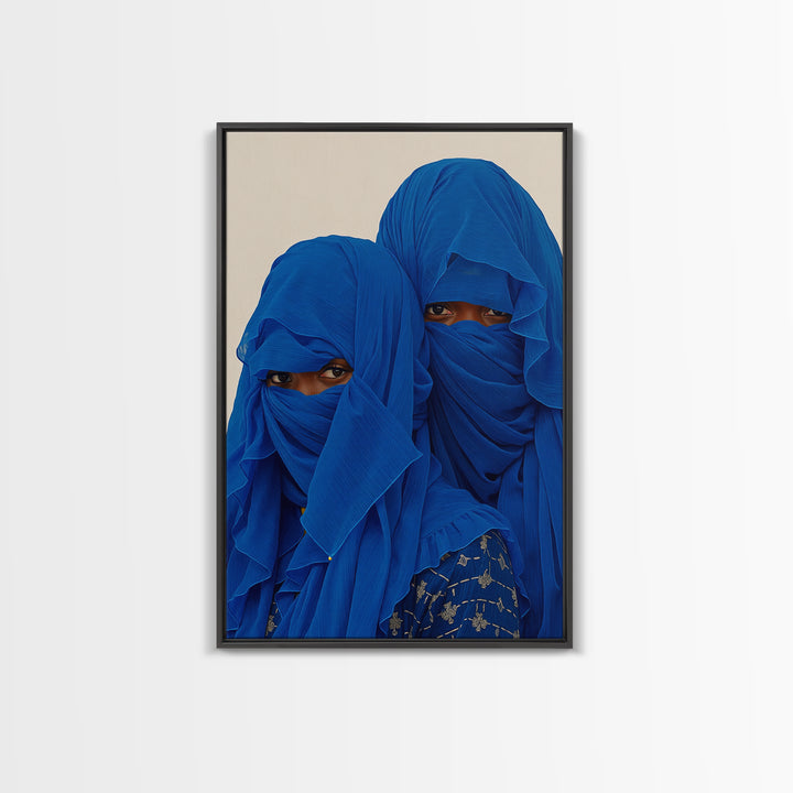 Two Blue Veiled African Women Portrait Wall Art, African Women Art, Afrocentric Decor, Indigo Fashion Canvas Print For Home
