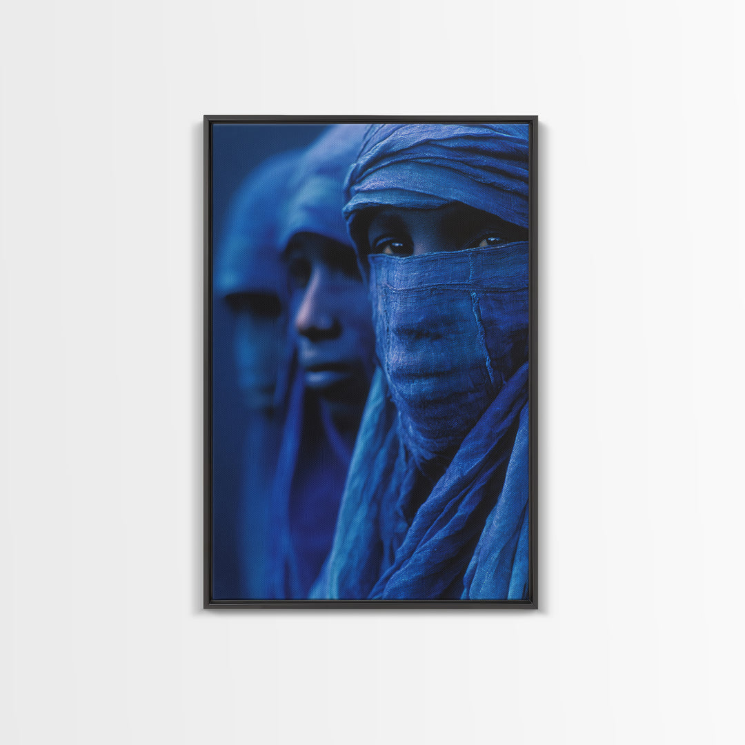 Blue Desert Nomad Figures Canvas Print, African Portrait Wall Art, Tuareg Inspired Indigo Decor, Mystical Afrocentric Gift