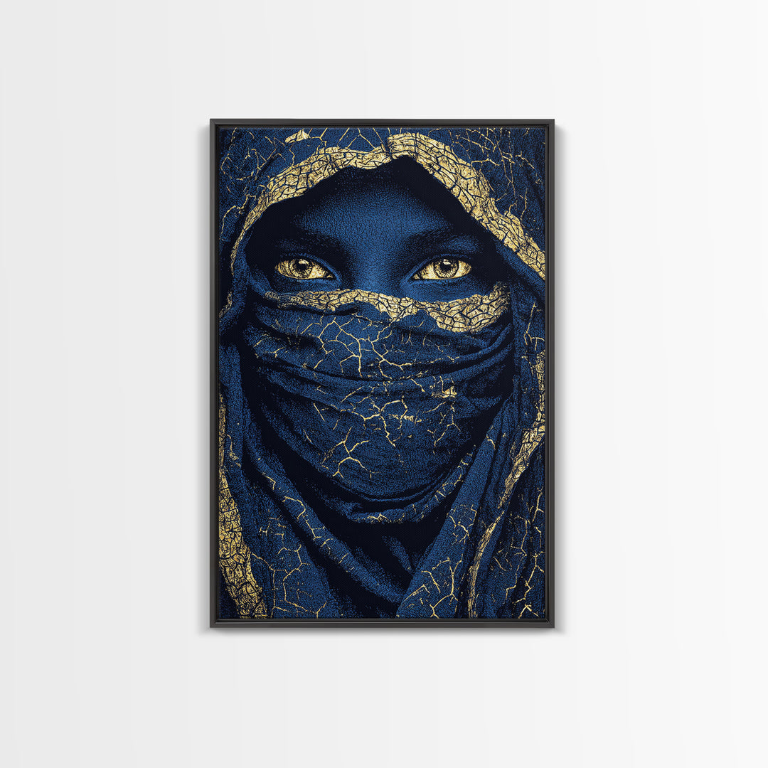 Gold Cracked Indigo Veiled Woman Framed Canvas Print, African Woman Art, Black Goddess Art, Luxury Afrocentric Wall Decor