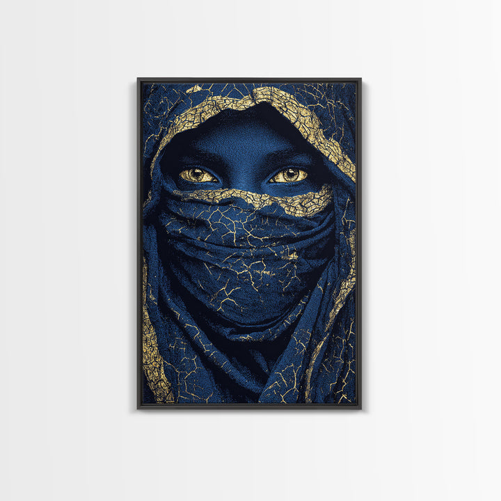 Gold Cracked Indigo Veiled Woman Framed Canvas Print, African Woman Art, Black Goddess Art, Luxury Afrocentric Wall Decor