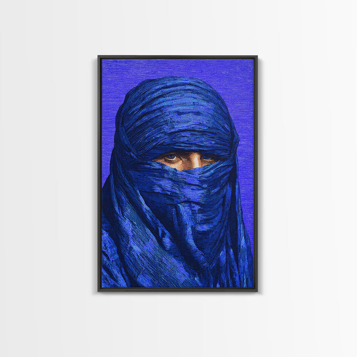 Electric Blue Turban Portrait Wall Art, African Portrait, Indigo Textile Art, Modern Afrocentric Canvas Print Bedroom Decor
