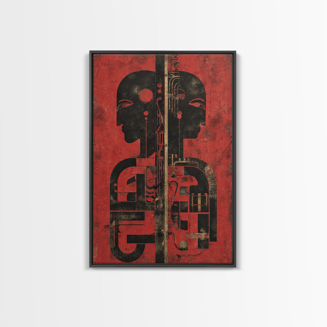 Red And Black Tribal Twin Profiles Wall Art, Abstract African Mask Portrait, Afrocentric Decor, Modern African Art Print
