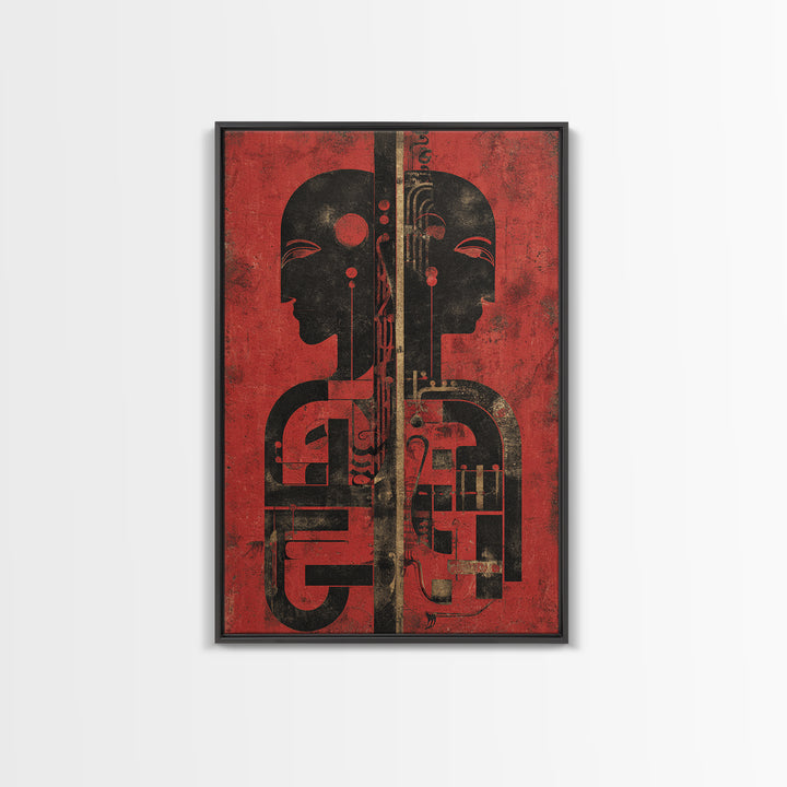Red And Black Tribal Twin Profiles Wall Art, Abstract African Mask Portrait, Afrocentric Decor, Modern African Art Print