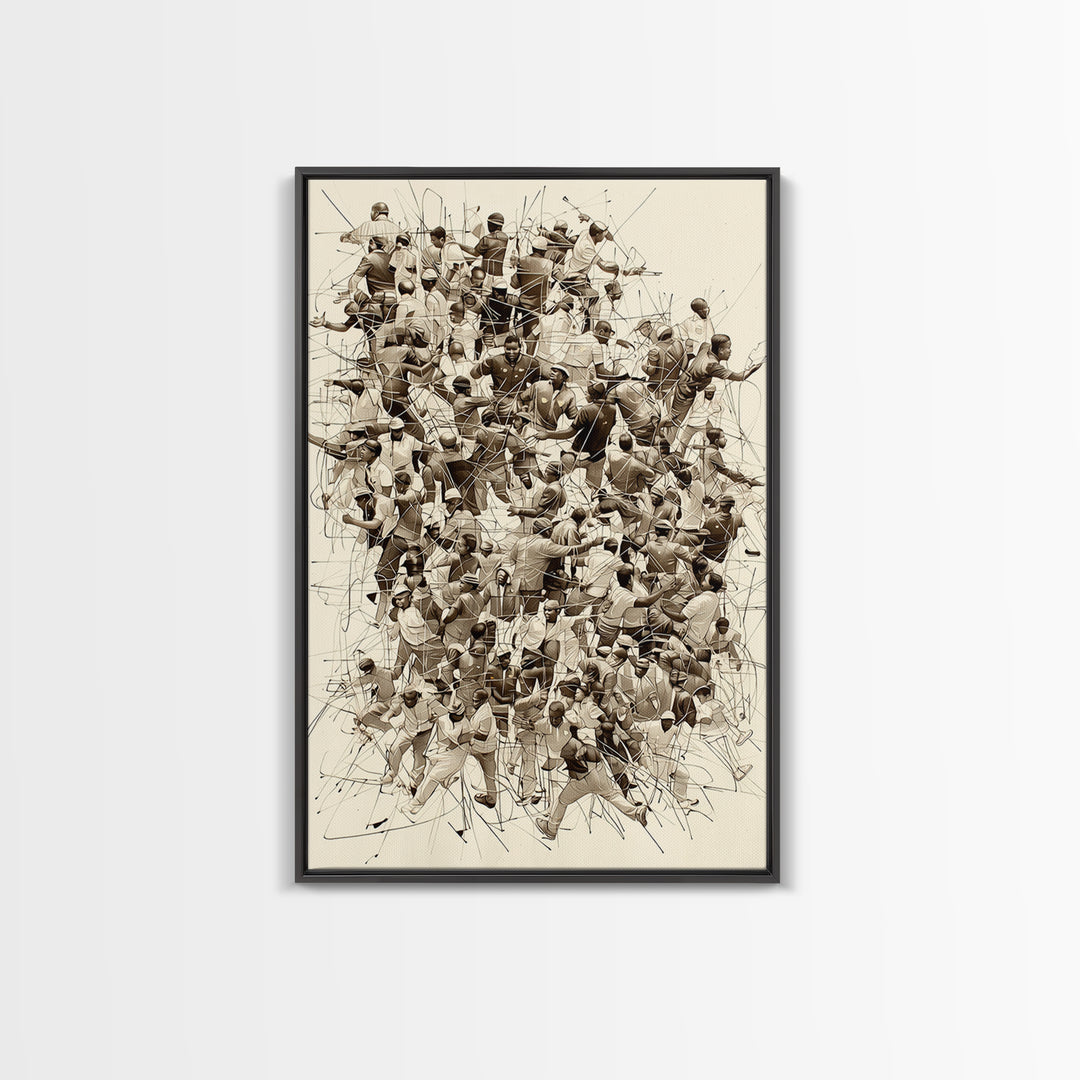 Sepia Community Crowd Collage Framed Canvas Print, African American Art, Black Culture Wall Decor, Contemporary Office Art