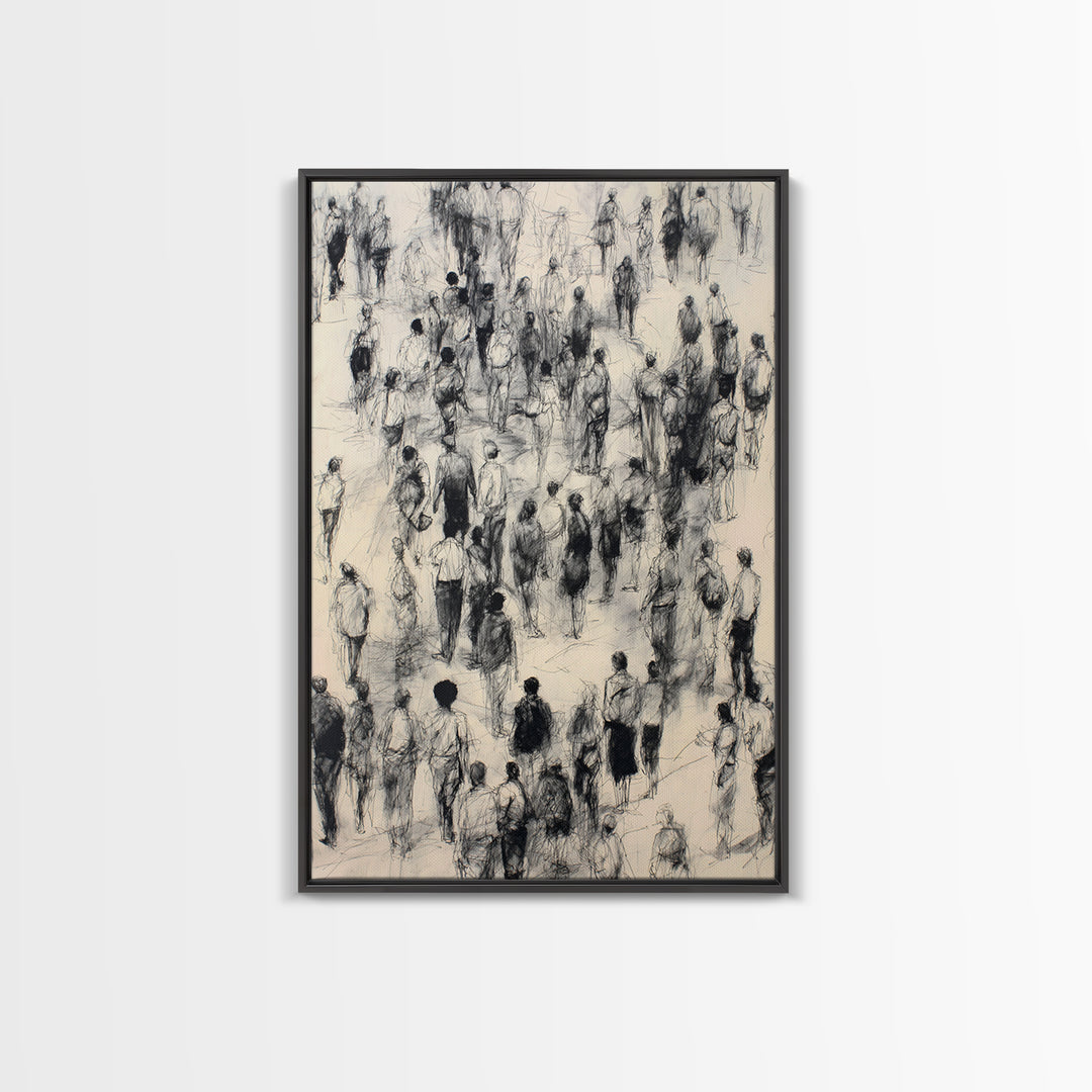 Monochrome Walking Crowd Wall Art, Black And White Figurative Sketch, Minimalist People Decor, Modern Office Art Print Gift