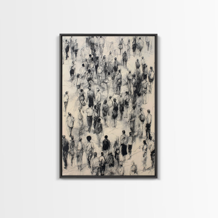 Monochrome Walking Crowd Wall Art, Black And White Figurative Sketch, Minimalist People Decor, Modern Office Art Print Gift
