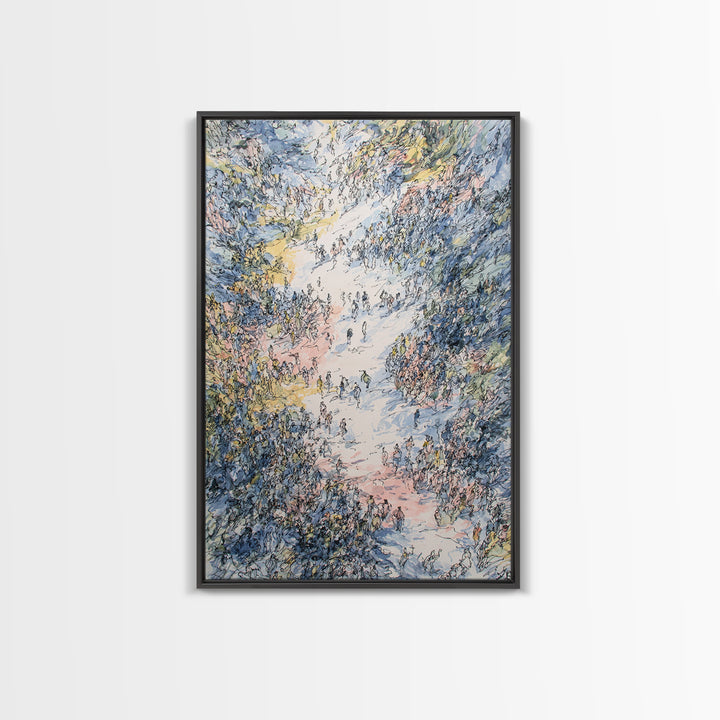 Pastel Valley Gathering Canvas Print, Dreamy Nature Scene With Tiny Figures, African Inspired Wall Decor, Unique Home Art