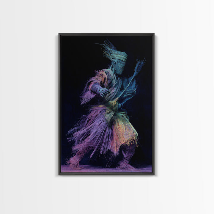 Masked Raffia Dancer In Neon Threads, African Wall Art, Tribal Dance Decor, Afrocentric Culture Print, Bold Home Decor Gift