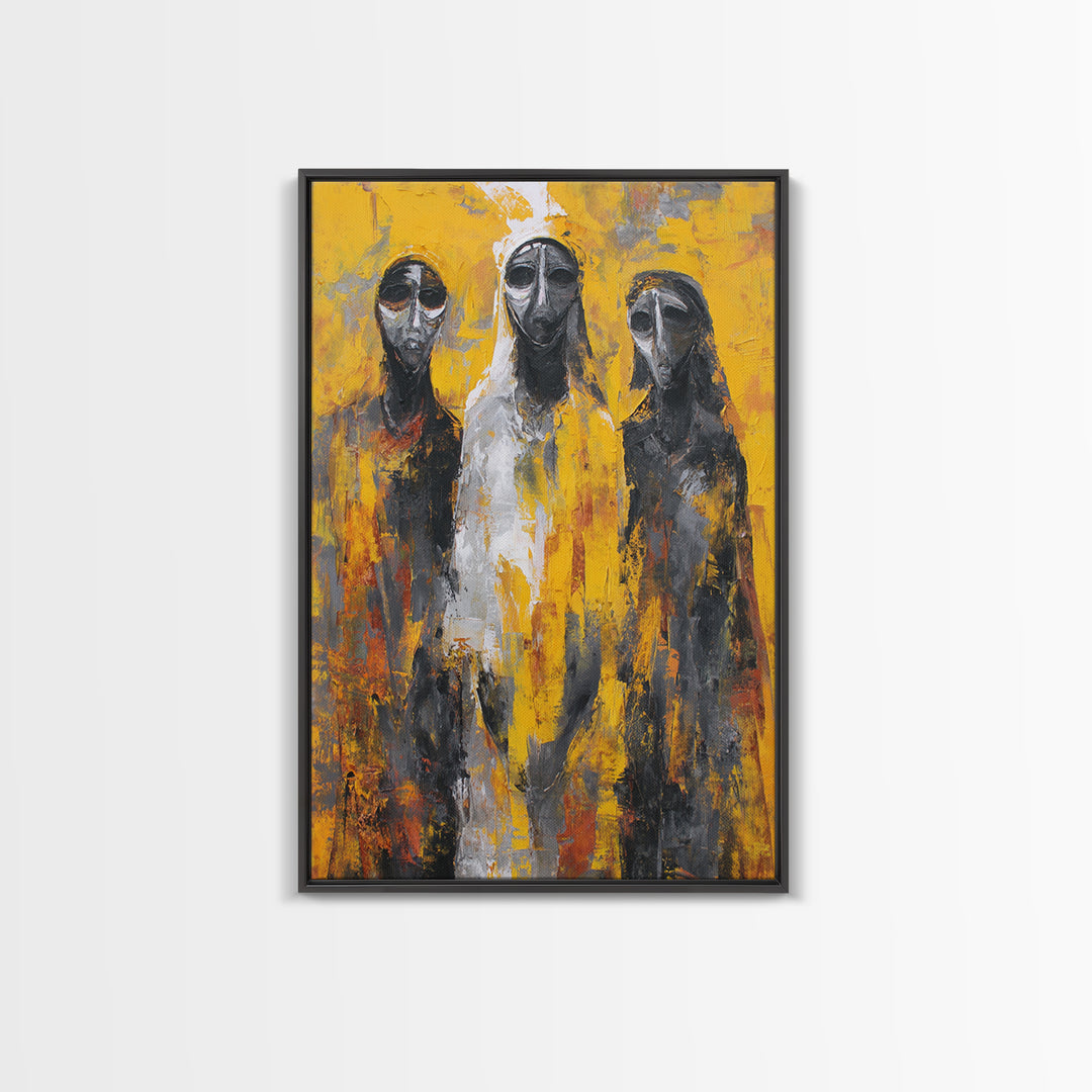 Three Abstract Masked Figures On Yellow Ground, Canvas Print, African Mask Art, Modern Tribal Wall Decor, Bold Portrait Art