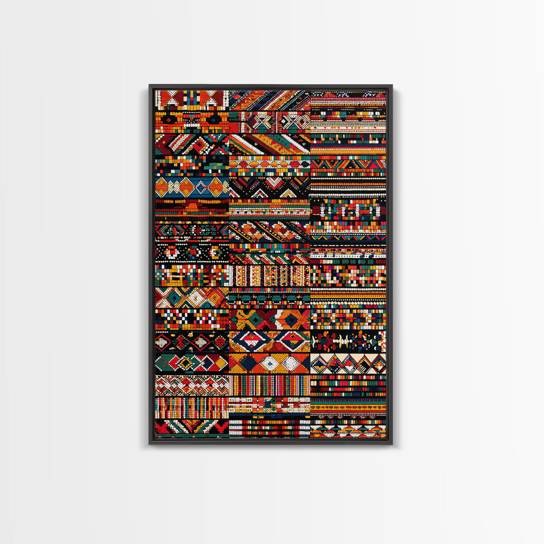 African Textile Mosaic Wall Art, Colorful Tribal Patterns Canvas Print, Ankara Fabric Collage, Afrocentric Home Decor Gift