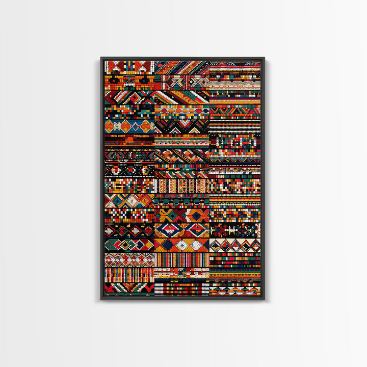 African Textile Mosaic Wall Art, Colorful Tribal Patterns Canvas Print, Ankara Fabric Collage, Afrocentric Home Decor Gift