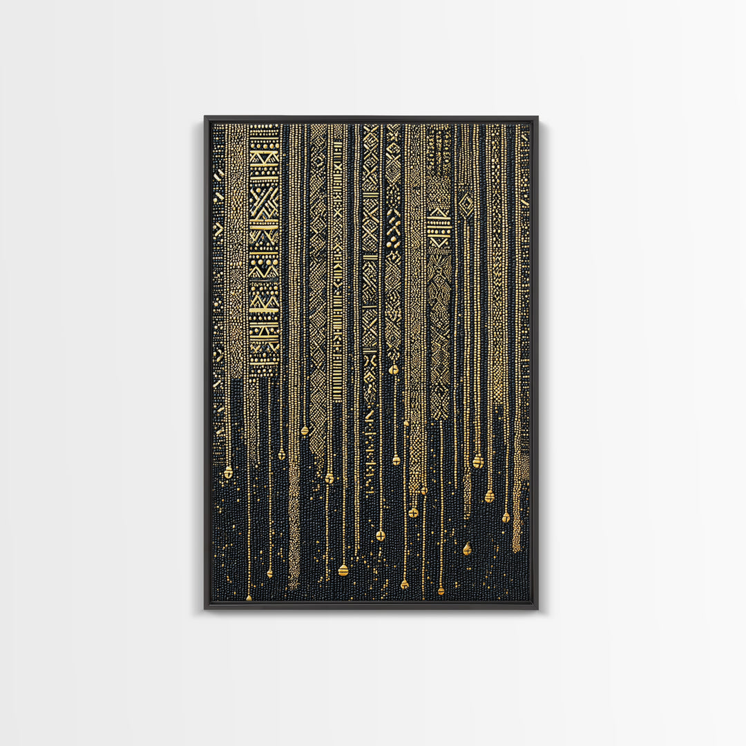Black Gold Tribal Stripes Wall Art, African Pattern Framed Canvas Print, Elegant Textile Art, Luxury Home Decor Statement Piece