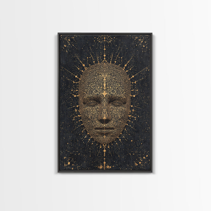 Gold Radiant African Mask Face Framed Canvas Print, Black And Gold Spiritual Wall Decor, Mystical Afrocentric Portrait Art