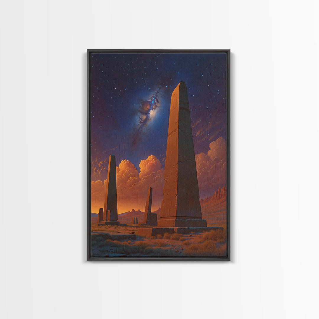 Ancient Desert Obelisks Under Stars Canvas Print, African Egyptian Art, Mystical Landscape Wall Decor, Stargazer Art Gift