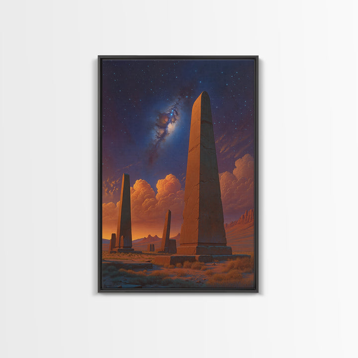 Ancient Desert Obelisks Under Stars Canvas Print, African Egyptian Art, Mystical Landscape Wall Decor, Stargazer Art Gift