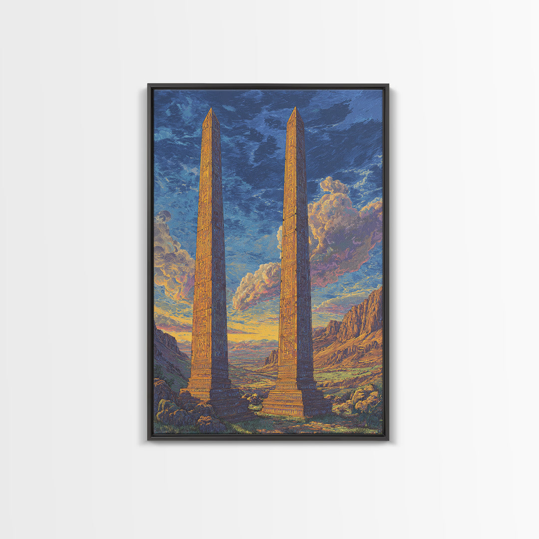 Twin Ancient Obelisks At Sunset Framed Canvas Print, African Egyptian Art, Historic Monument Landscape Wall Decor Gift For Home