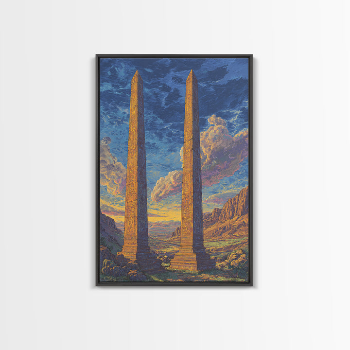 Twin Ancient Obelisks At Sunset Framed Canvas Print, African Egyptian Art, Historic Monument Landscape Wall Decor Gift For Home