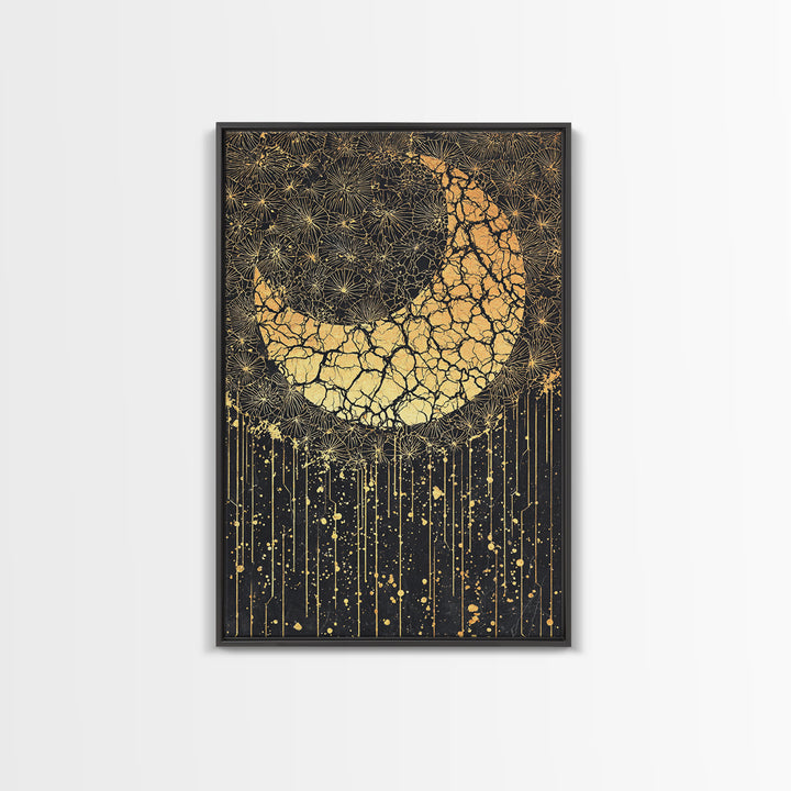 Cracked Gold Crescent Horn Abstract Wall Art, African Inspired Pattern Decor, Black And Gold Canvas Print For Boho Home Decor