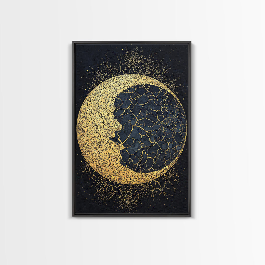 Cracked Gold Crescent Moon Wall Art, Mystical African Inspired Celestial Canvas Print, Black And Gold Spiritual Home Decor