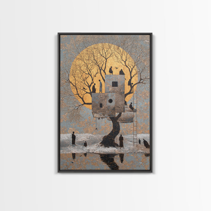 Surreal Moonlit Treehouse In Winter Wall Art, Dreamy Nature Scene Canvas Print, Whimsical Figures And Storybook Decor For Home