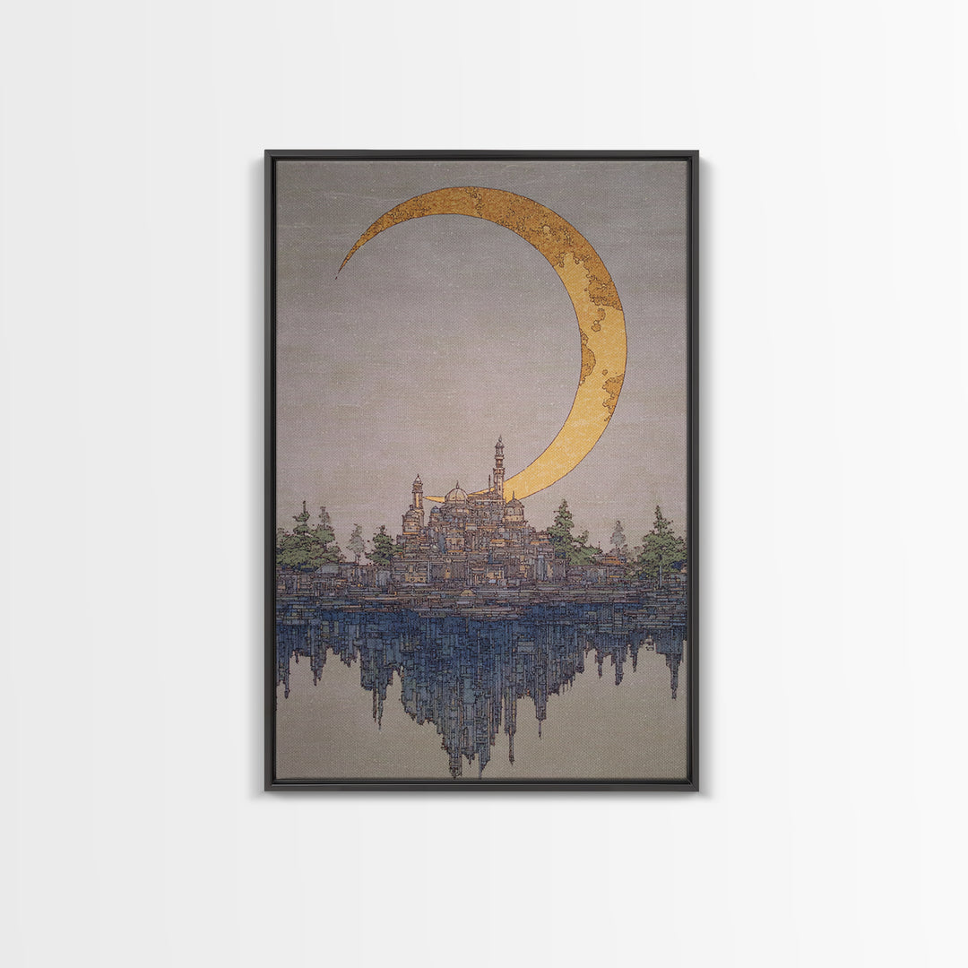 Golden Crescent Moon Over Floating City Wall Art, Dreamy Urban Landscape Canvas Print, Mystical Blue Beige Home Decor For Living Room
