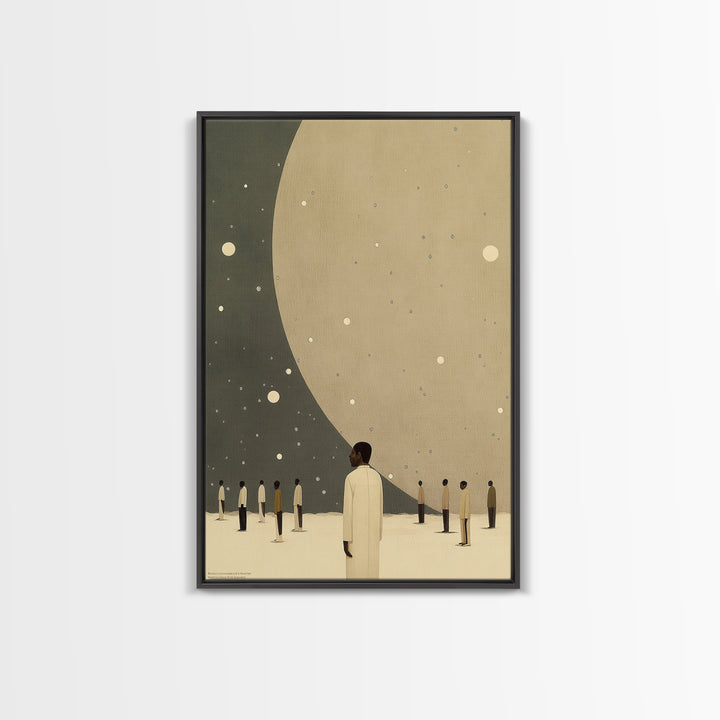 Minimalist Figures Beneath Giant Moon Wall Art, Modern Black Art Canvas Print, Dreamy Celestial Neutral Home Decor For Living Room