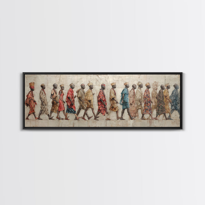 Walking African Village Procession Wall Art, Textured Cultural People Print, Panoramic Afrocentric Home Decor Gift For Hallway