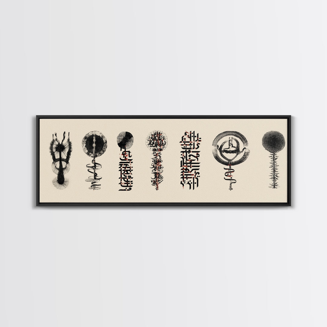 Ancient African Symbol Study Wall Art, Black Ink Tribal Mask Motifs, Minimalist Cultural Poster For Office And Home Decor