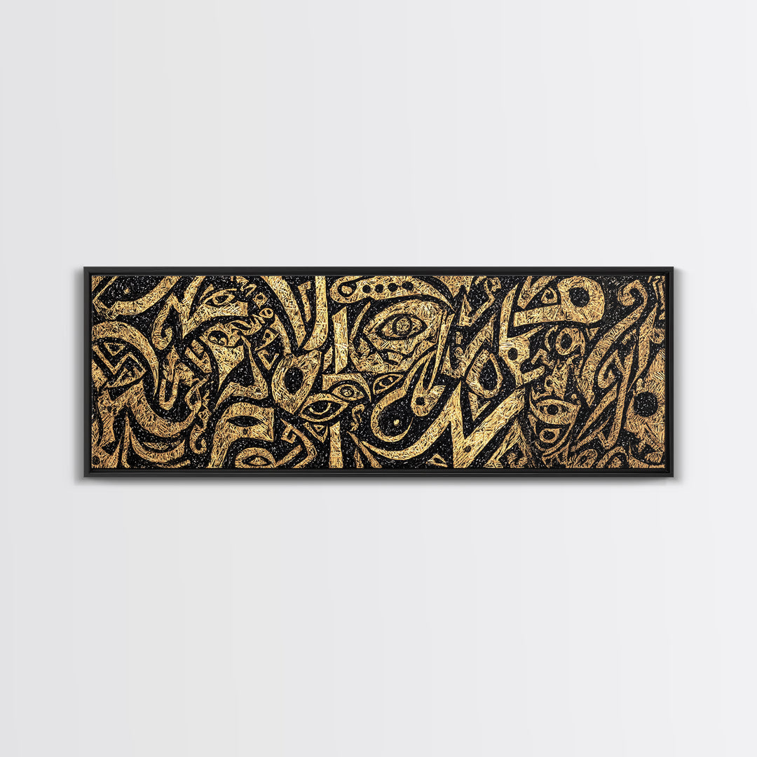 Gold Tribal Faces Abstract Wall Art, African Mask Art, Afrocentric Decor, Black And Gold Design, Bold Cultural Canvas Print
