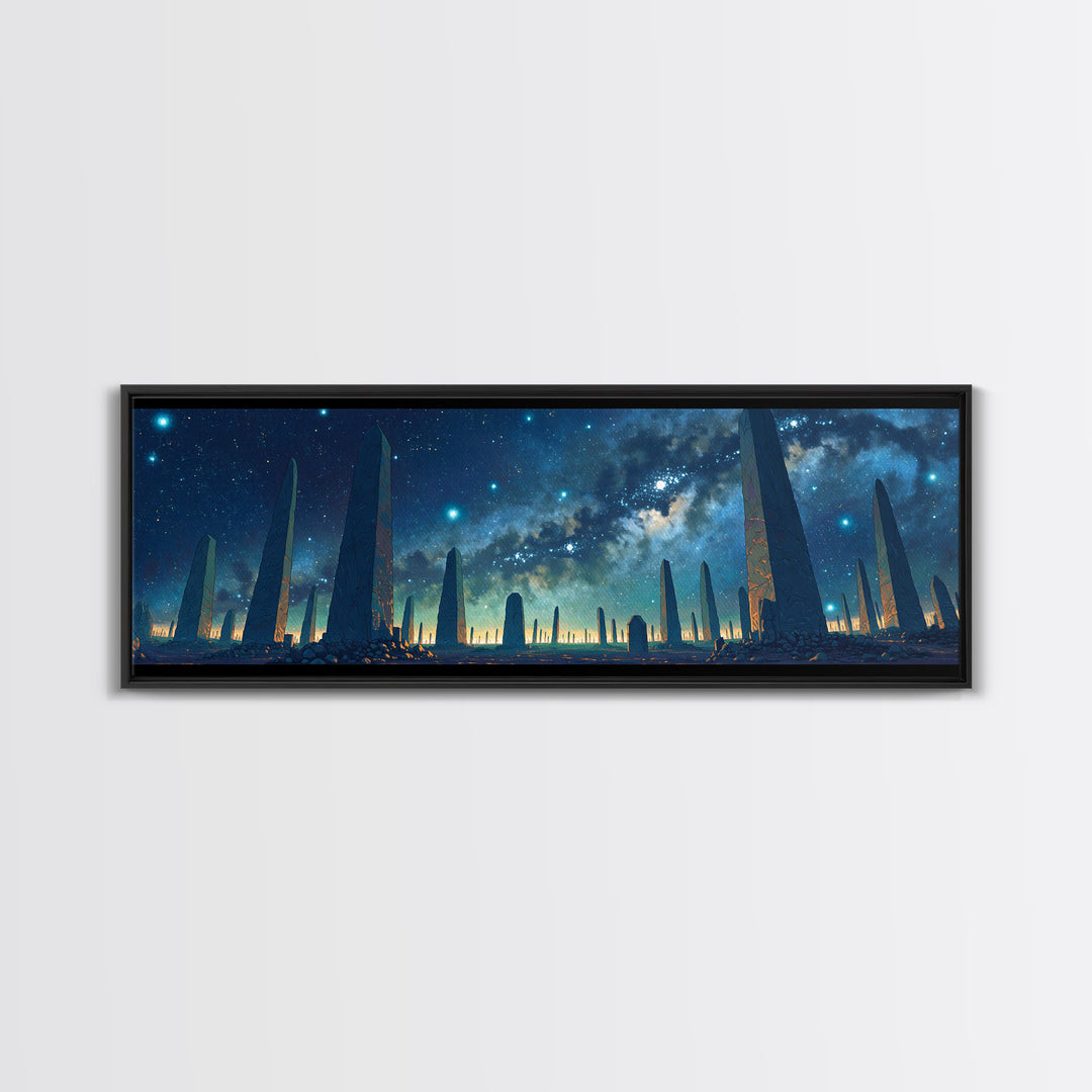 Futuristic Starry Obelisks Wall Art, African Egyptian Art, Cosmic Landscape Canvas Print, Mystical Blue Night Sky Office Decor