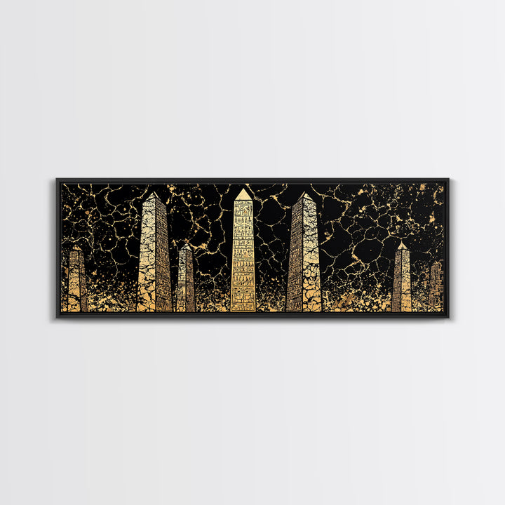 Gold Hieroglyph Obelisks Wall Art, African Egyptian Art, Black Gold Canvas Print, Ancient Symbols Cultural Statement Decor