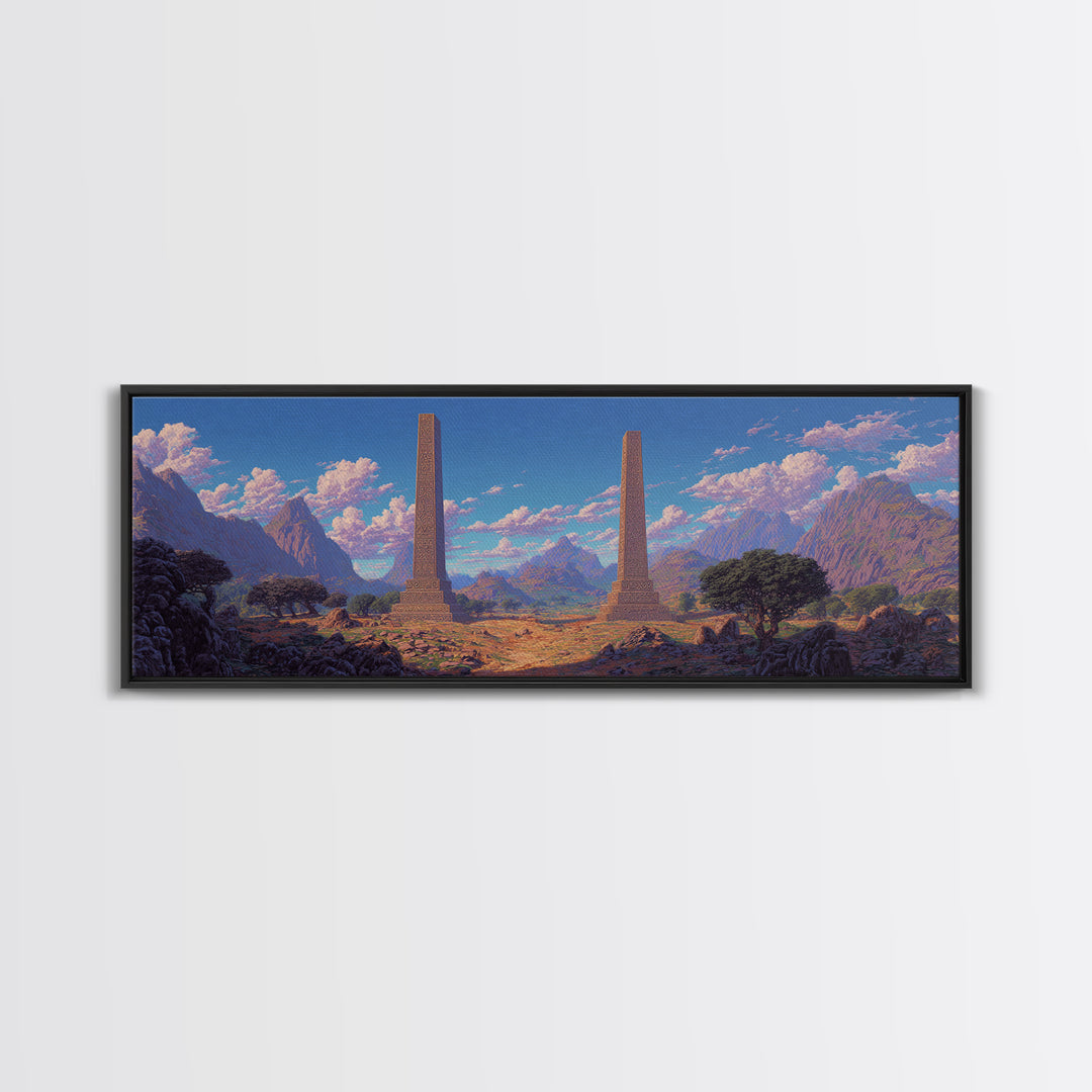Twin Obelisks In Mountain Valley Framed Canvas Print, African Landscape, Africa Art Print, Statement Wall Art, Home Decor Gift