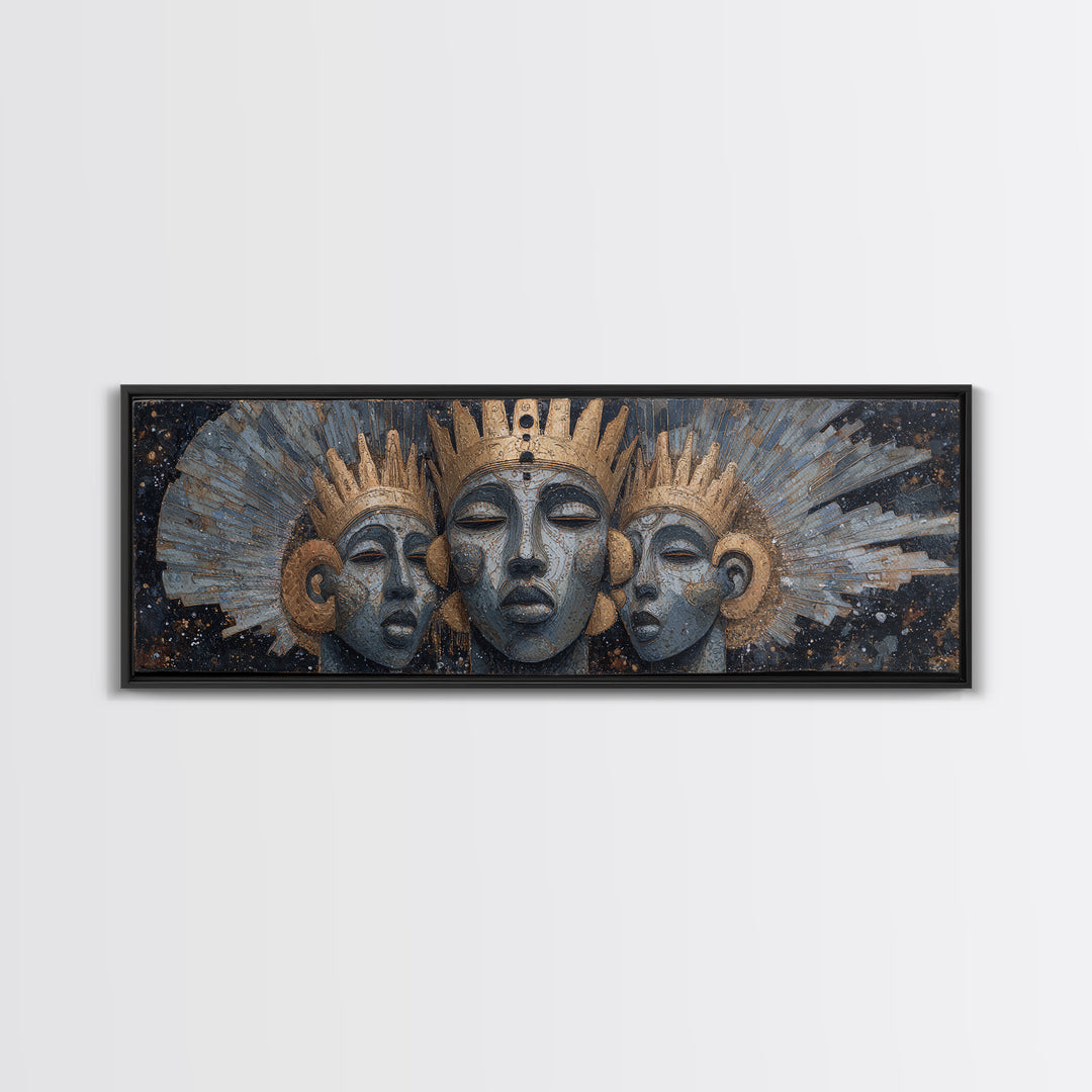 Regal Three African Goddess Faces Framed Canvas Print, African Women Art, Black Goddess Art, Gold Jewelry Canvas, Wall Decor