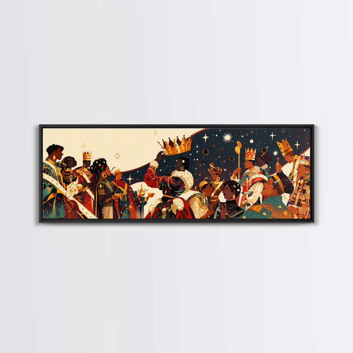 Royal African Celebration Under Stars Wall Art, Afrocentric Crown Ceremony, Black Culture Art, Panoramic Living Room Decor