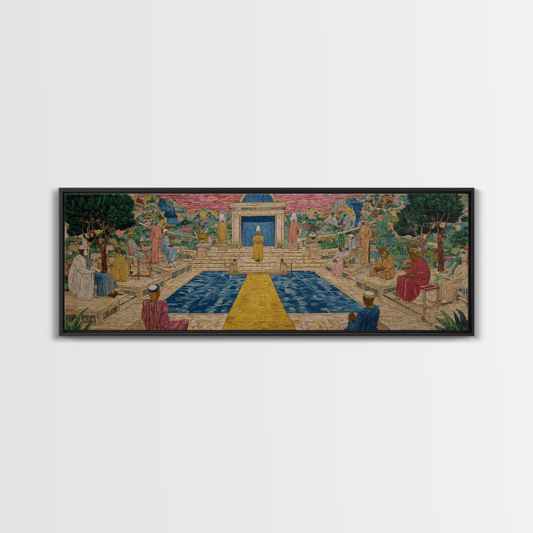Golden Temple Garden Courtyard Canvas Print, African Inspired Landscape, Sacred Pathway Wall Decor, Elegant Home Art Gift