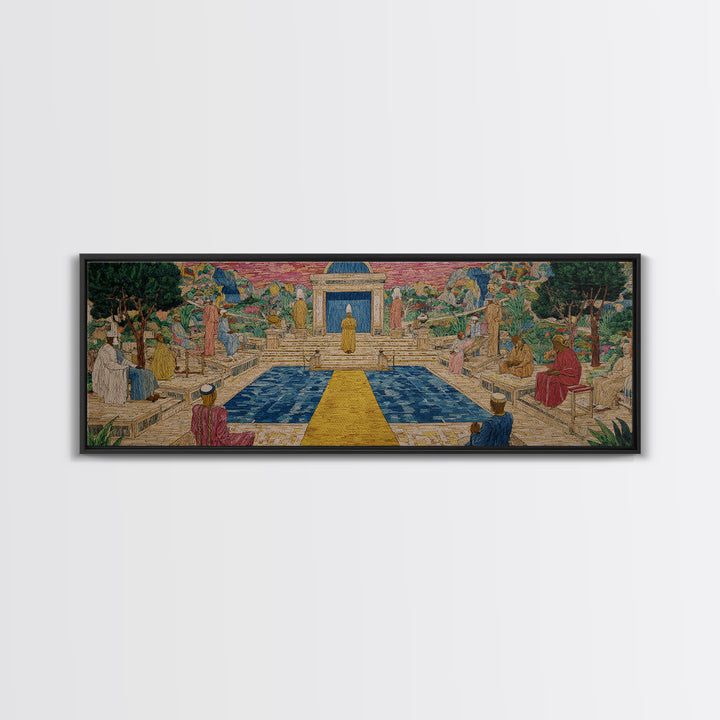 Golden Temple Garden Courtyard Canvas Print, African Inspired Landscape, Sacred Pathway Wall Decor, Elegant Home Art Gift