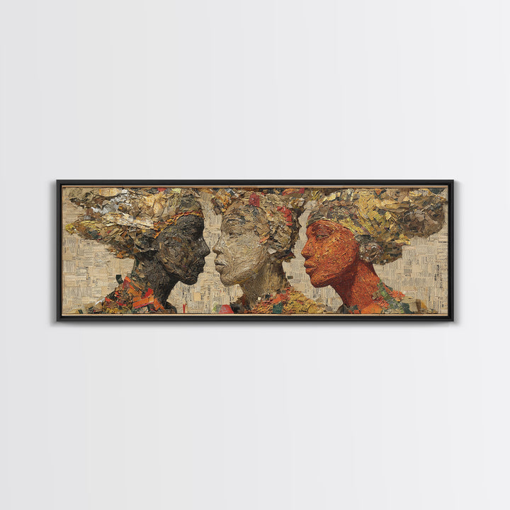 Textured African Women Profiles Framed Canvas Print, Earth Tone Black Female Art, Elegant Afrocentric Wall Decor Portrait Gift