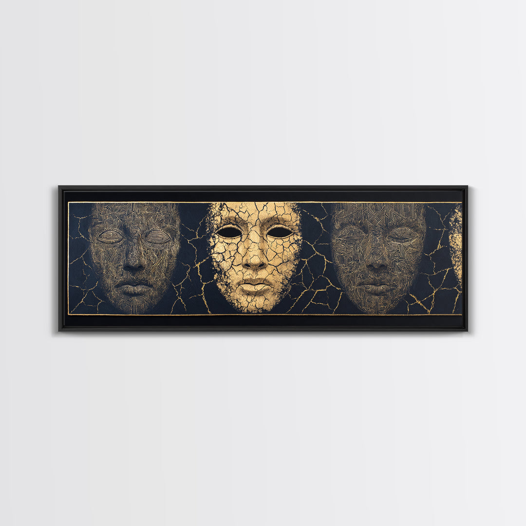 Gold And Black Ancient Mask Triptych Wall Art, Cracked Texture Faces, African Tribal Decor, Dramatic Cultural Canvas Gift