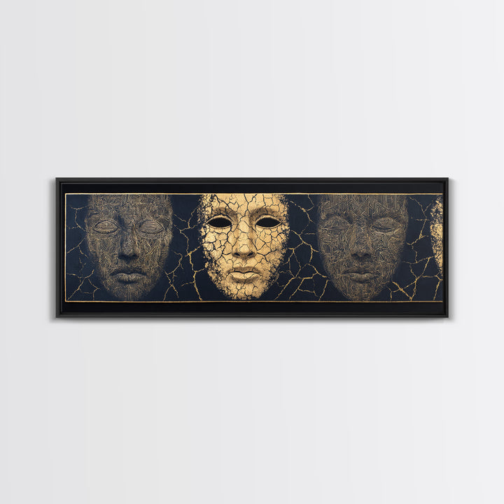 Gold And Black Ancient Mask Triptych Wall Art, Cracked Texture Faces, African Tribal Decor, Dramatic Cultural Canvas Gift
