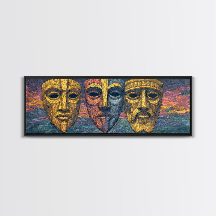 Three Golden African Masks Wall Art, Tribal Mask Canvas Print, Afrocentric Decor, Cultural Home Decor, Bold Statement Piece