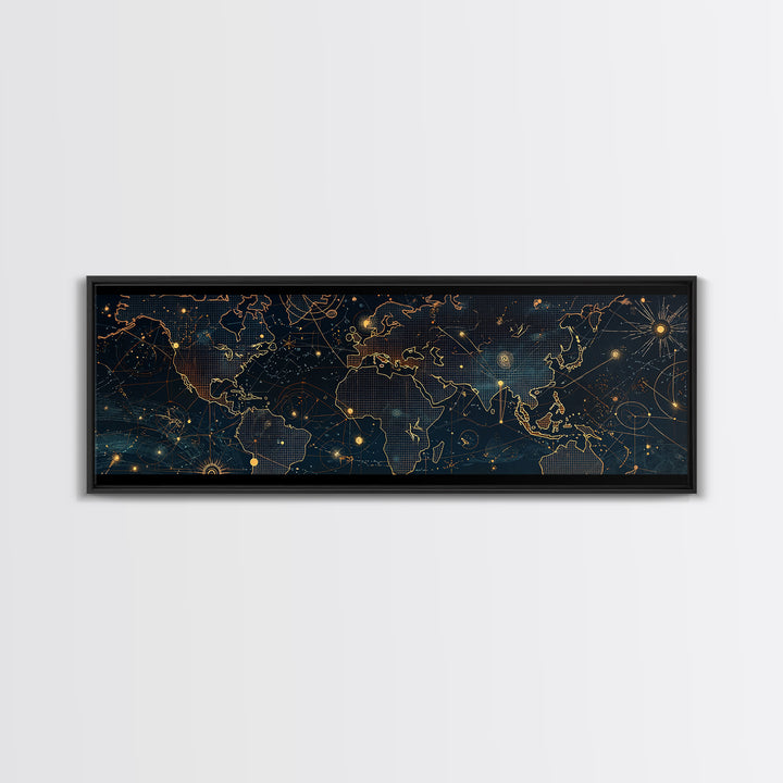 Dark Celestial World Map Wall Art, Gold Constellation Canvas Print, Modern Office Decor, Abstract Travel Home Decor, Housewarming Gift