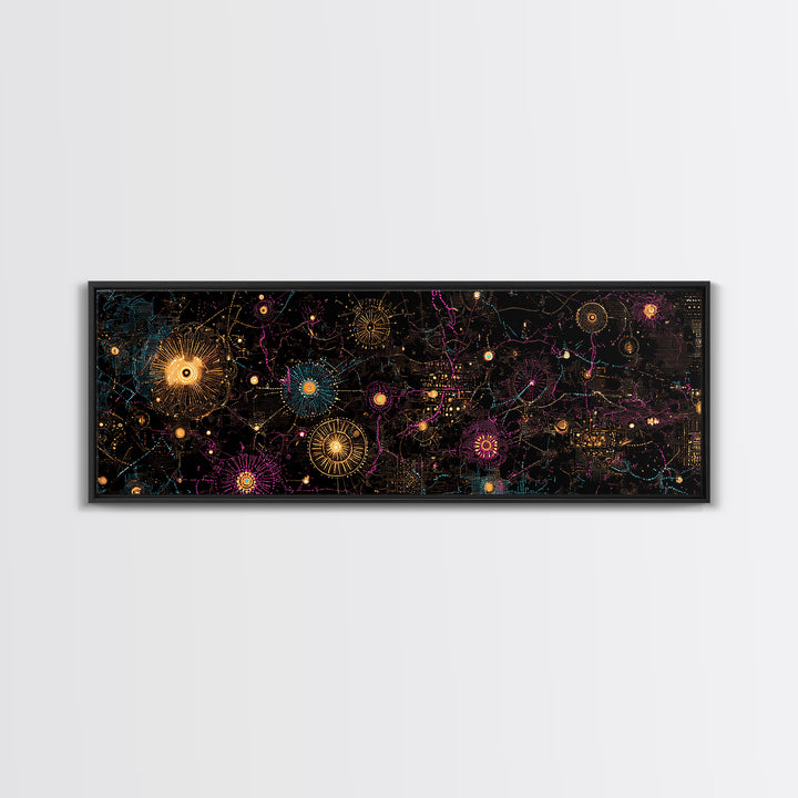 Gold And Magenta Galaxy Constellation Wall Art, Celestial Canvas Print, Modern Black Art, Vibrant Wall Decor, Mystical Art