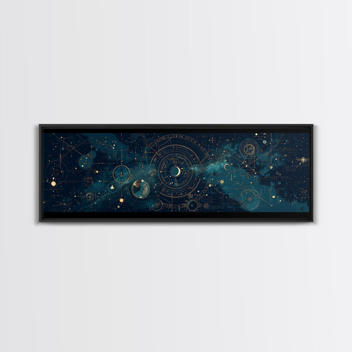 Teal Galactic Blueprint Astrolabe Framed Canvas Print, Geometric Wall Art, Modern Canvas Art, Celestial Office Decor, Unique Home Decor